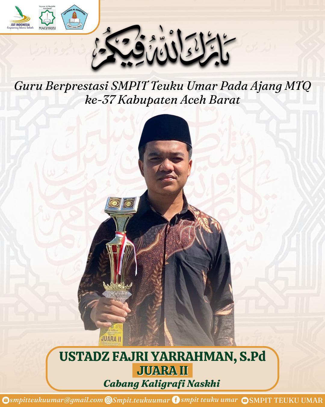 Guru SMPIT Teuku Umar Raih Juara 2 Kaligrafi Naskhi di MTQ ke-37 Aceh Barat